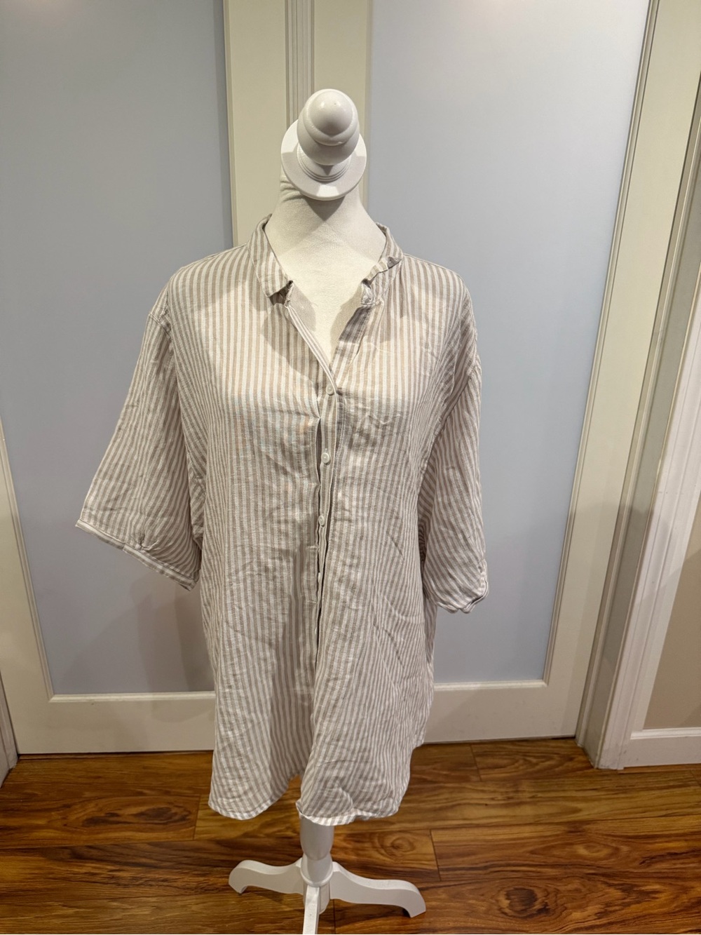 beachlunchlounge Beige and White Striped Casual Button-Down Shirt